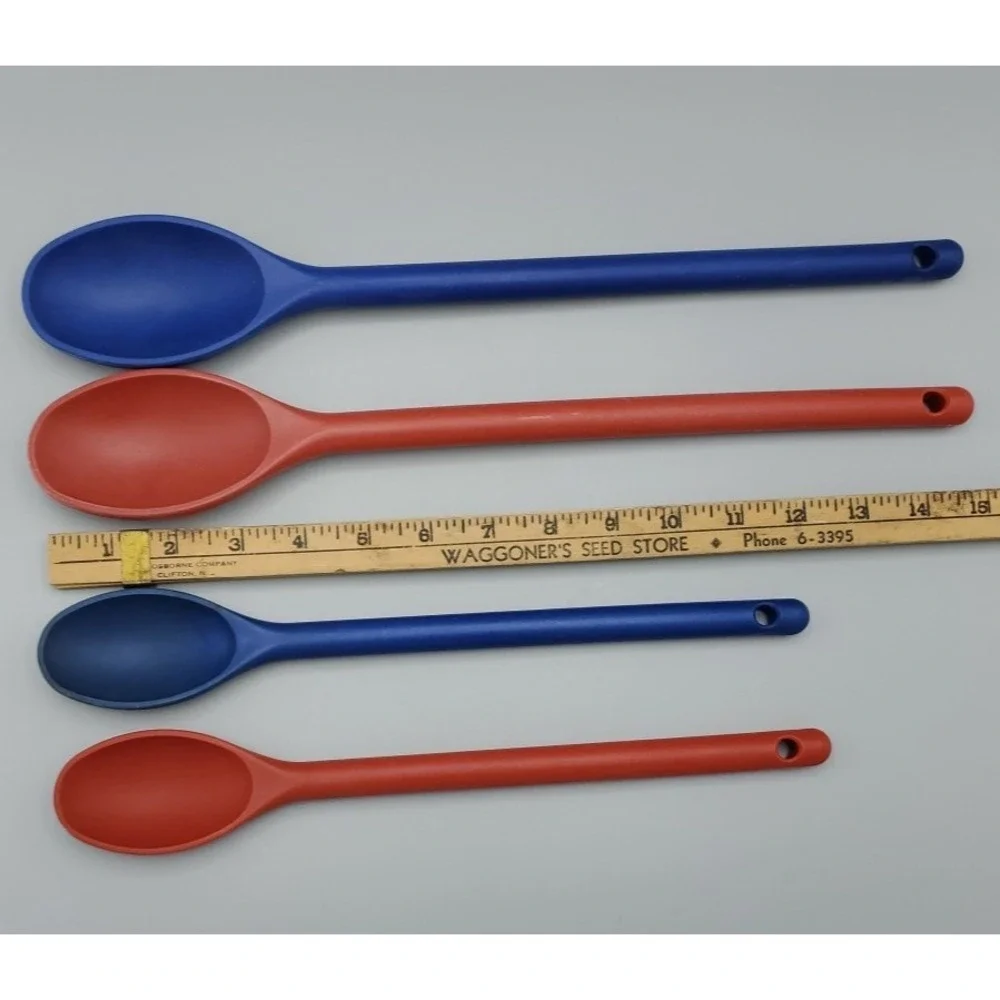 Vintage 2003 4 Durable Blue and Red Plastic Cooking Stirring Spoons 15